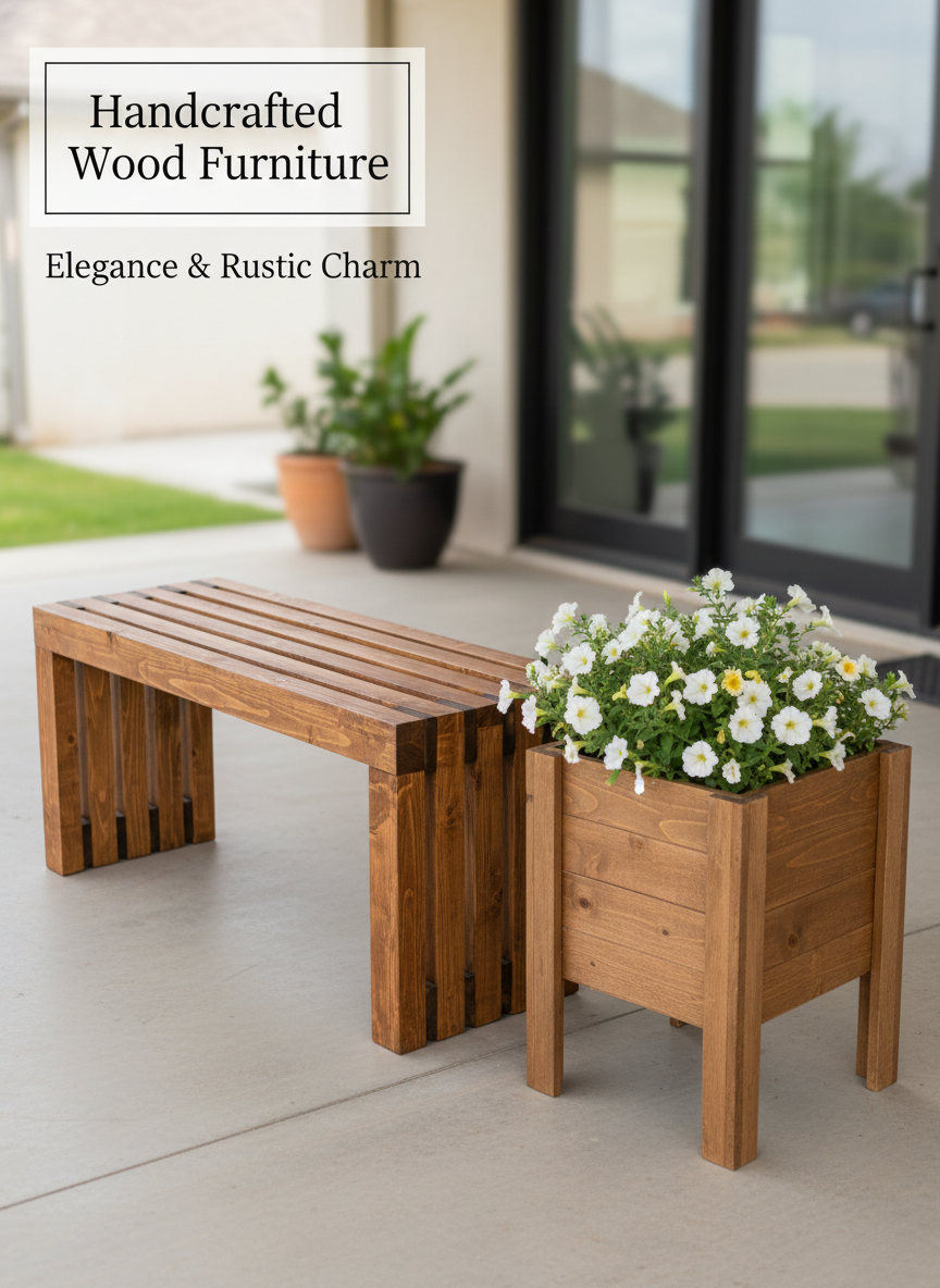 Promotional banner for wood bench and planter